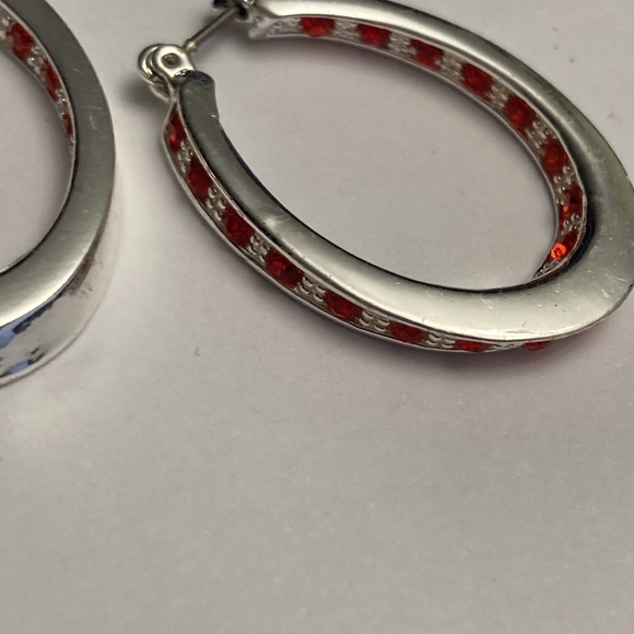 Silver Tone Hoop Earrings with Red Accents - Picture 13 of 15